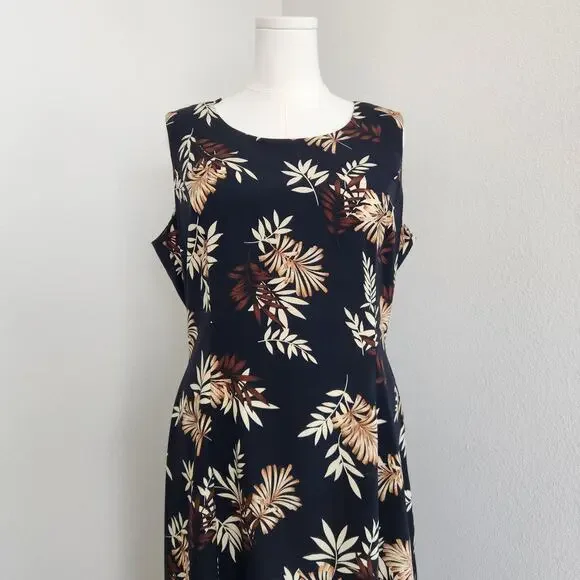 Vintage Studio I Black Brown Tropical Hawaiian Midi Dress 16 - Picture 2 of 10